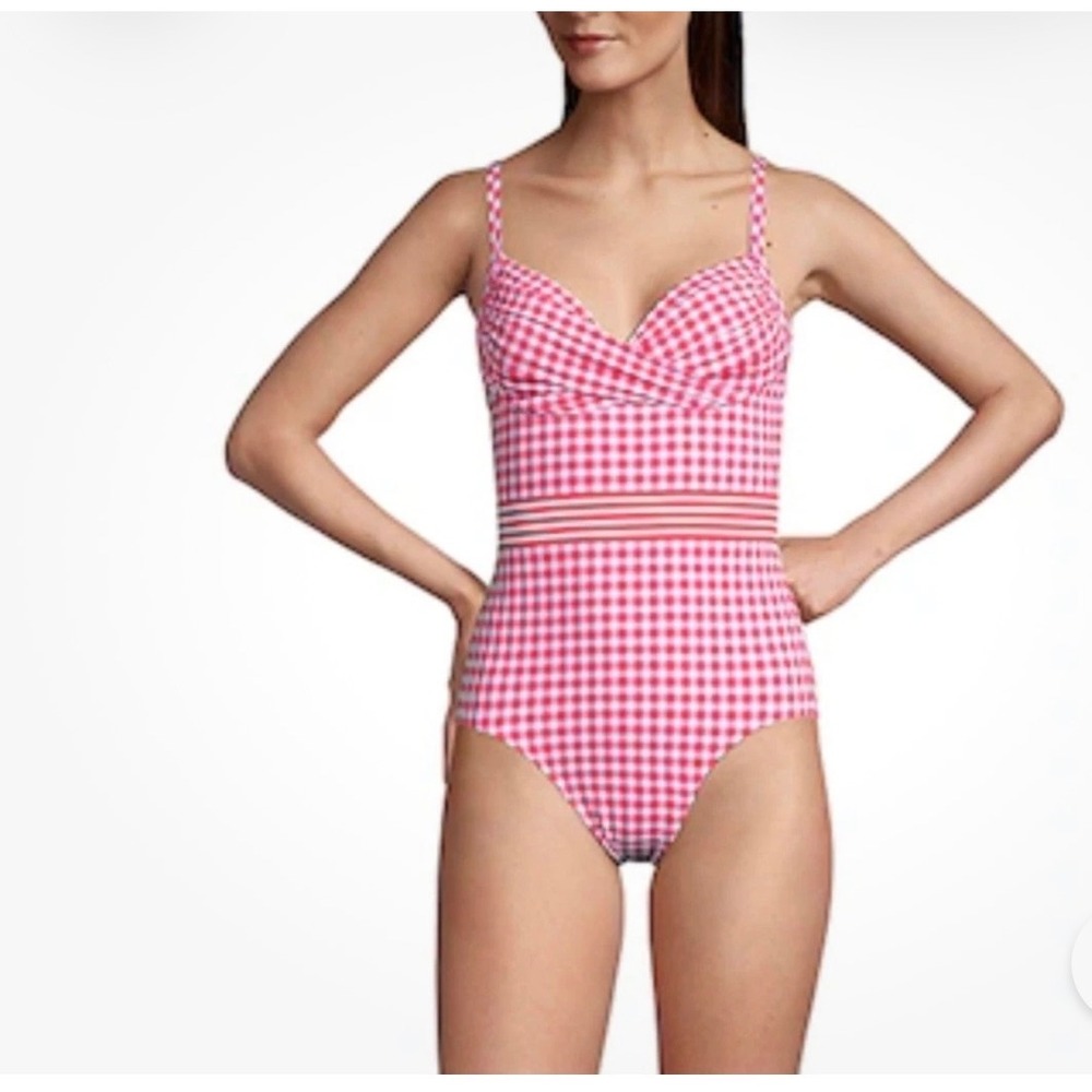Draper James x Lands' End Pink Red Gingham‎ One Piece Swimsuit Women's 12 NWOT